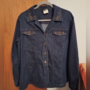 Southern Lady Women's Button Down Gold Embroidered Denim Shirt Size 16